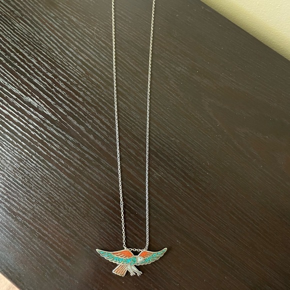 Vintage Silver Turquoise Coral Eagle Necklace - Picture 6 of 10